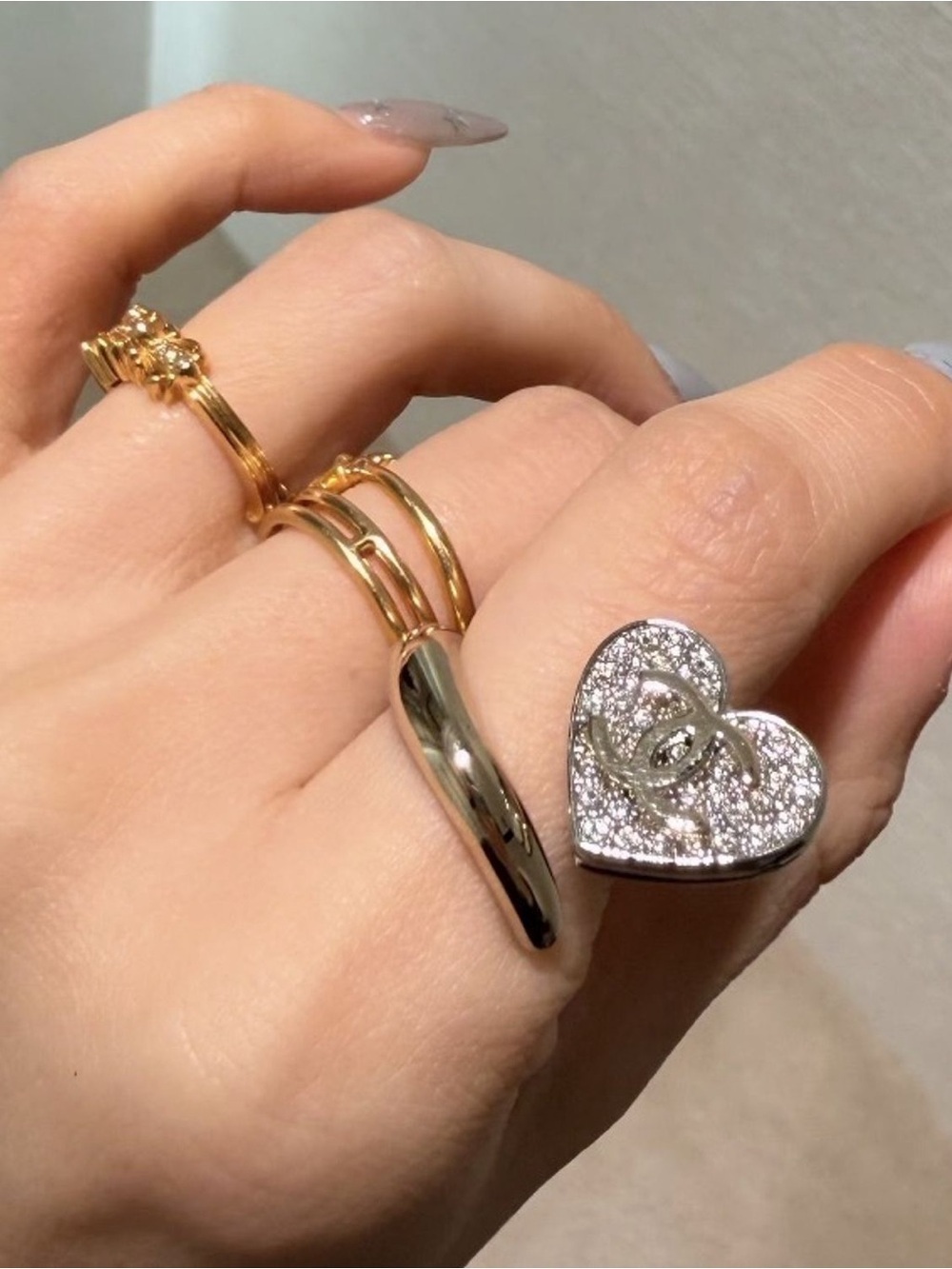Chanel Light Gold and Silver Heart Ring with Crystal Accent